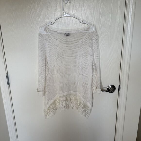 LeModa Knit Sweater Top White Beach Mesh Lace Trim Y2K Boho Fairy Vacation Large - Picture 6 of 9